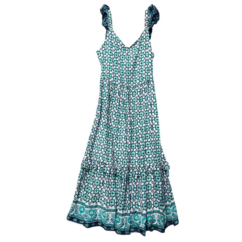 NWT Lucky Brand Womens Teal Blue Geometric Floral Tiered Maxi Dress  L